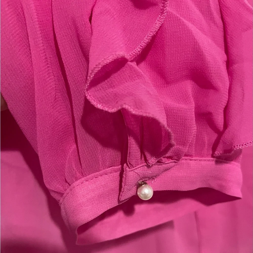 NWOT Zara Pink Ruffle Blouse with Pearl Details Size Large - Picture 4 of 5